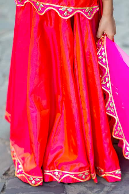 Yuvraani Jaipur_Pink Silk, Cotton, Net Embroidery Neon Lehenga Set _at_Aza_Fashions