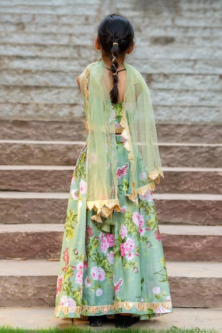 Shop_Yuvraani Jaipur_Green Chanderi, Cotton, Net Embroidery Mint Printed Lehenga Set _at_Aza_Fashions