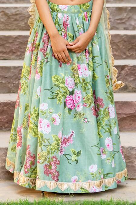 Yuvraani Jaipur_Green Chanderi, Cotton, Net Embroidery Mint Printed Lehenga Set _Online_at_Aza_Fashions
