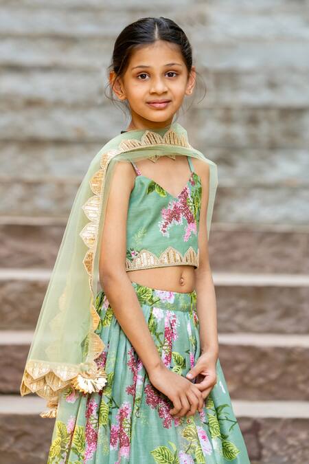 Shop_Yuvraani Jaipur_Green Chanderi, Cotton, Net Embroidery Mint Printed Lehenga Set _Online_at_Aza_Fashions