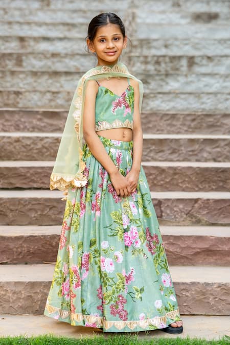 Yuvraani Jaipur_Green Chanderi, Cotton, Net Embroidery Mint Printed Lehenga Set _at_Aza_Fashions