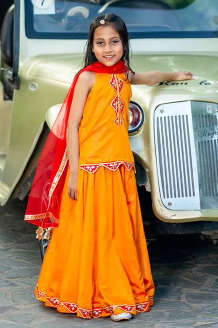 Buy_Yuvraani Jaipur_Yellow Silk, Cotton, Net Embroidery, Tassels Mustard Lehenga Set 