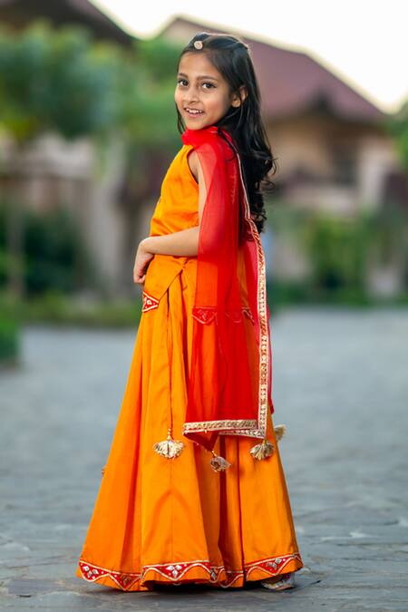 Buy_Yuvraani Jaipur_Yellow Silk, Cotton, Net Embroidery, Tassels Mustard Lehenga Set _Online_at_Aza_Fashions