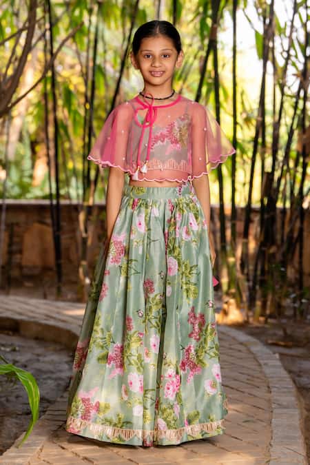 Shop_Yuvraani Jaipur_Green Chanderi, Cotton, Net Mint Printed Lehenga With Cape _at_Aza_Fashions