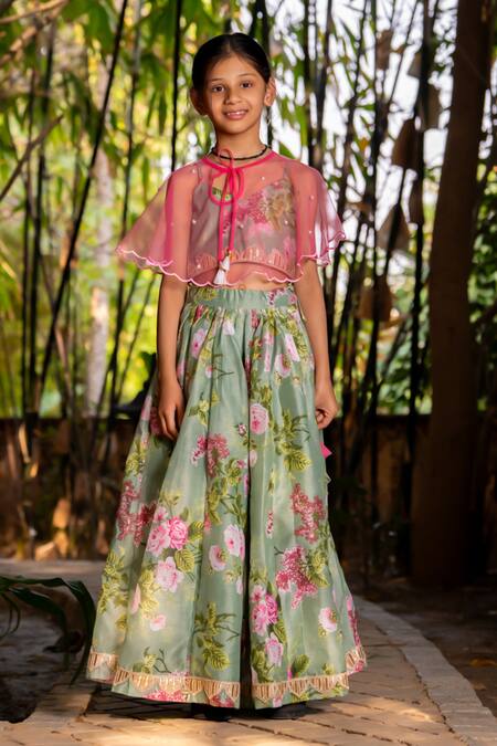 Yuvraani Jaipur_Green Chanderi, Cotton, Net Mint Printed Lehenga With Cape _Online_at_Aza_Fashions