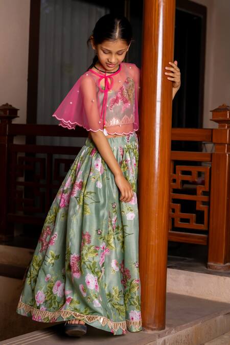 Buy_Yuvraani Jaipur_Green Chanderi, Cotton, Net Mint Printed Lehenga With Cape _Online_at_Aza_Fashions