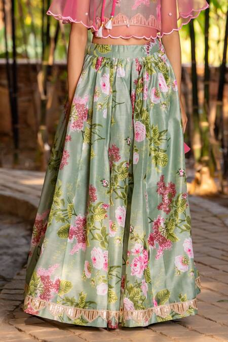 Shop_Yuvraani Jaipur_Green Chanderi, Cotton, Net Mint Printed Lehenga With Cape _Online_at_Aza_Fashions
