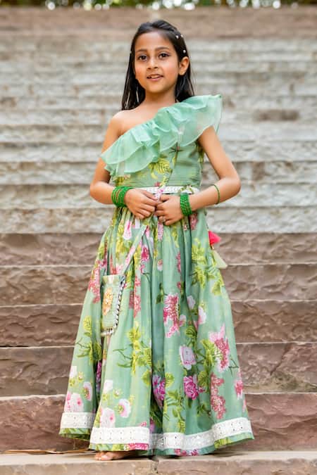 YUVRAANI JAIPUR Green Chanderi, Cotton Embroidery, Beads Mint Printed One Shoulder Lehenga Set 