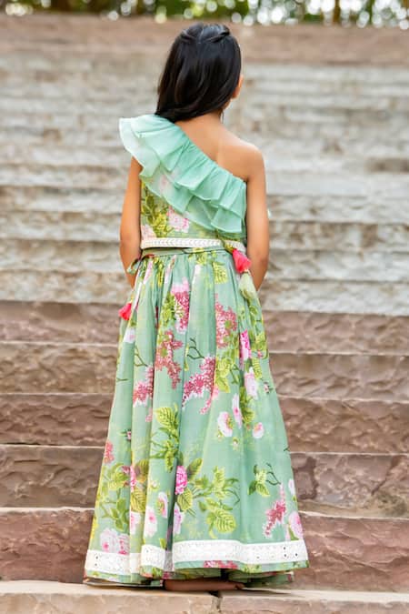 Shop_Yuvraani Jaipur_Green Chanderi, Cotton Embroidery, Beads Mint Printed One Shoulder Lehenga Set _at_Aza_Fashions