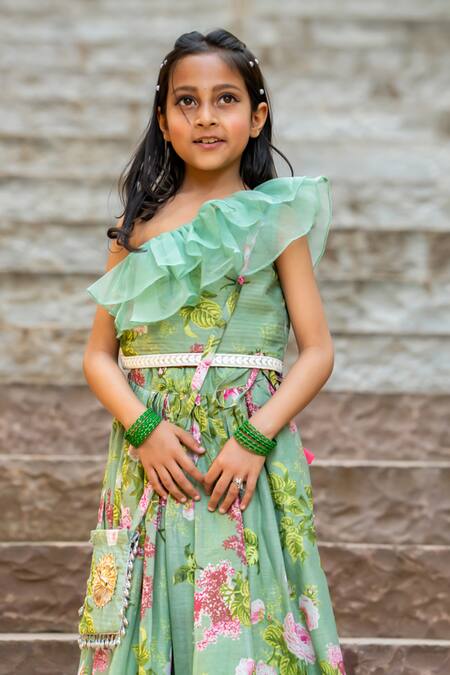 Buy_Yuvraani Jaipur_Green Chanderi, Cotton Embroidery, Beads Mint Printed One Shoulder Lehenga Set _Online_at_Aza_Fashions