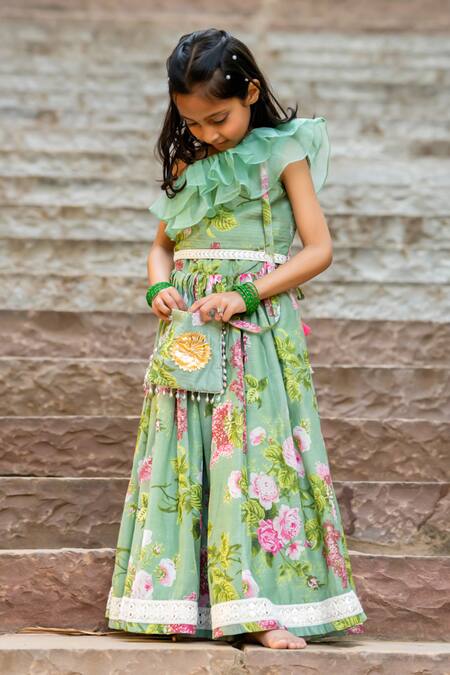 Shop_Yuvraani Jaipur_Green Chanderi, Cotton Embroidery, Beads Mint Printed One Shoulder Lehenga Set _Online_at_Aza_Fashions