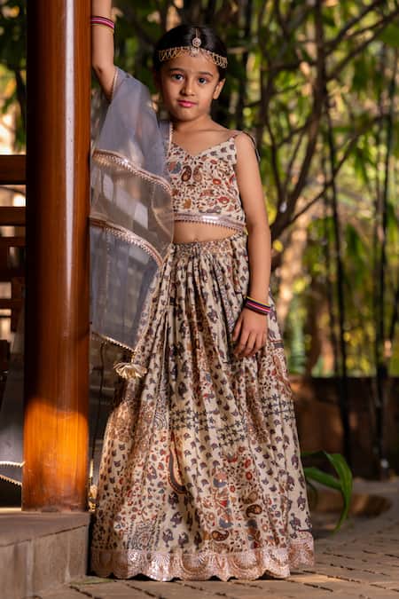 Buy_Yuvraani Jaipur_Gray Muslin, Cotton, Net Embroidery Floral Printed Lehenga Set For Girls _Online_at_Aza_Fashions