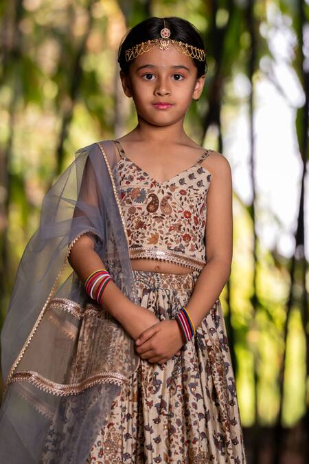 Shop_Yuvraani Jaipur_Gray Muslin, Cotton, Net Embroidery Floral Printed Lehenga Set For Girls _Online_at_Aza_Fashions