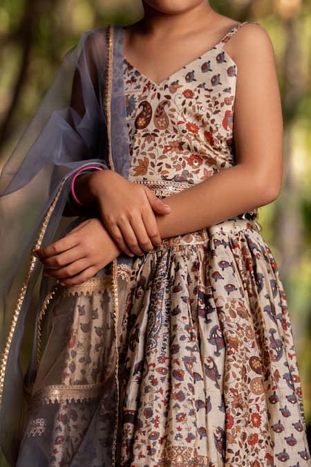 Yuvraani Jaipur_Gray Muslin, Cotton, Net Embroidery Floral Printed Lehenga Set For Girls _at_Aza_Fashions