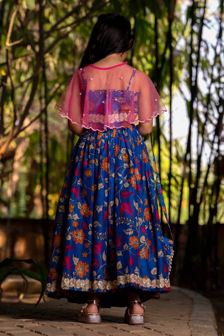 Shop_Yuvraani Jaipur_Blue Chanderi, Cotton, Net Tassels, Embroidery Printed Lehenga With Cape _at_Aza_Fashions
