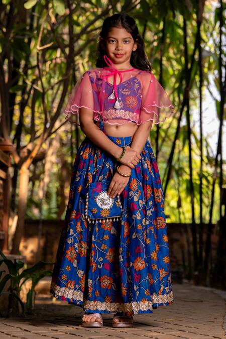 Yuvraani Jaipur_Blue Chanderi, Cotton, Net Tassels, Embroidery Printed Lehenga With Cape _Online_at_Aza_Fashions