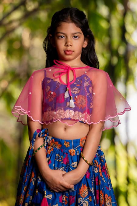 Buy_Yuvraani Jaipur_Blue Chanderi, Cotton, Net Tassels, Embroidery Printed Lehenga With Cape _Online_at_Aza_Fashions