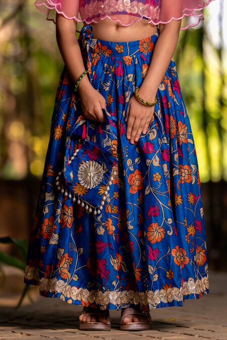 Shop_Yuvraani Jaipur_Blue Chanderi, Cotton, Net Tassels, Embroidery Printed Lehenga With Cape _Online_at_Aza_Fashions