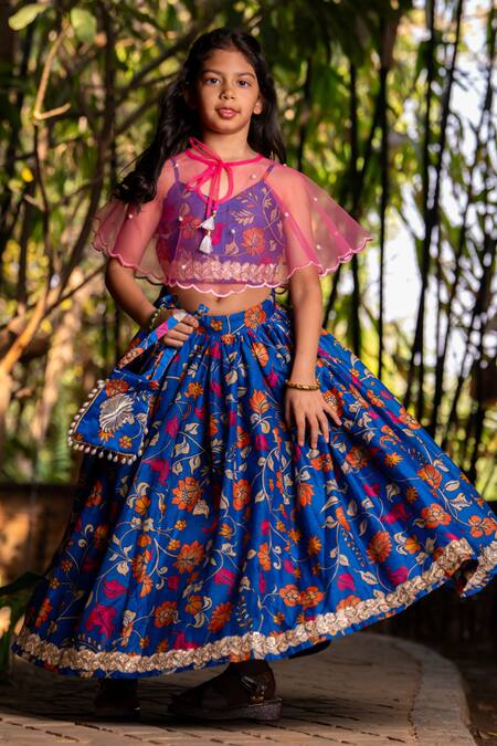 Buy_Yuvraani Jaipur_Blue Chanderi, Cotton, Net Tassels, Embroidery Printed Lehenga With Cape 