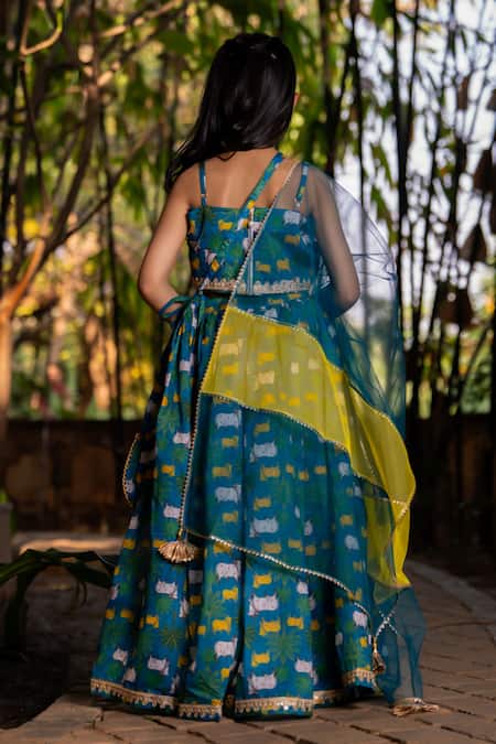 Shop_Yuvraani Jaipur_Blue Chanderi, Cotton, Net Teal Printed Lehenga Set _at_Aza_Fashions