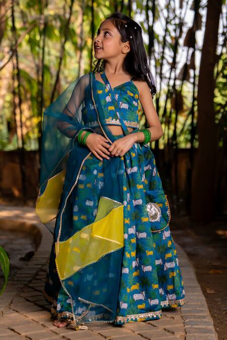 Yuvraani Jaipur_Blue Chanderi, Cotton, Net Teal Printed Lehenga Set _Online_at_Aza_Fashions
