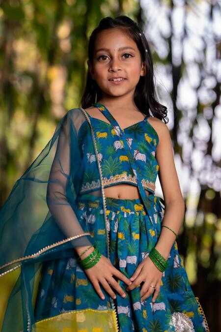 Buy_Yuvraani Jaipur_Blue Chanderi, Cotton, Net Teal Printed Lehenga Set _Online_at_Aza_Fashions