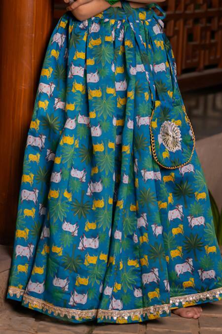 Buy_Yuvraani Jaipur_Blue Chanderi, Cotton, Net Teal Printed Lehenga Set 