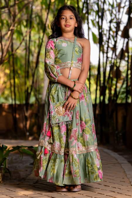 YUVRAANI JAIPUR Green Chanderi, Cotton Tassels Mint Printed One Shoulder Lehenga Set 