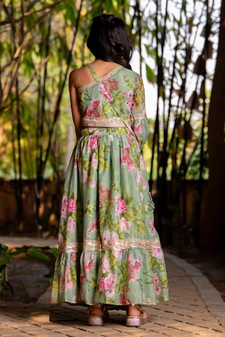 Shop_Yuvraani Jaipur_Green Chanderi, Cotton Tassels Mint Printed One Shoulder Lehenga Set _at_Aza_Fashions