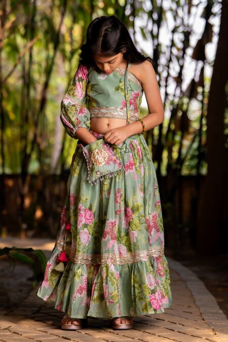 Shop_Yuvraani Jaipur_Green Chanderi, Cotton Tassels Mint Printed One Shoulder Lehenga Set _Online_at_Aza_Fashions