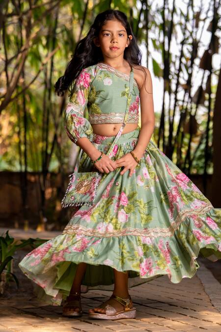 Yuvraani Jaipur_Green Chanderi, Cotton Tassels Mint Printed One Shoulder Lehenga Set _at_Aza_Fashions