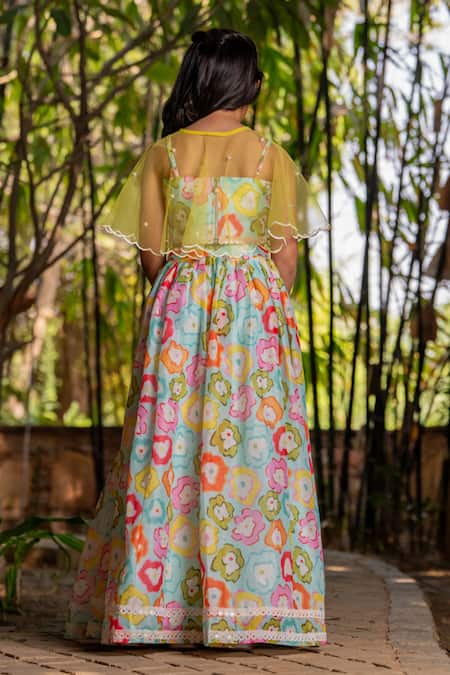 Shop_Yuvraani Jaipur_Multi Color Chanderi, Cotton, Net Multi-coloured Printed Lehenga With Cape _at_Aza_Fashions