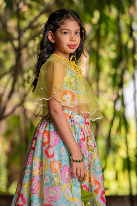 Yuvraani Jaipur_Multi Color Chanderi, Cotton, Net Multi-coloured Printed Lehenga With Cape _Online_at_Aza_Fashions