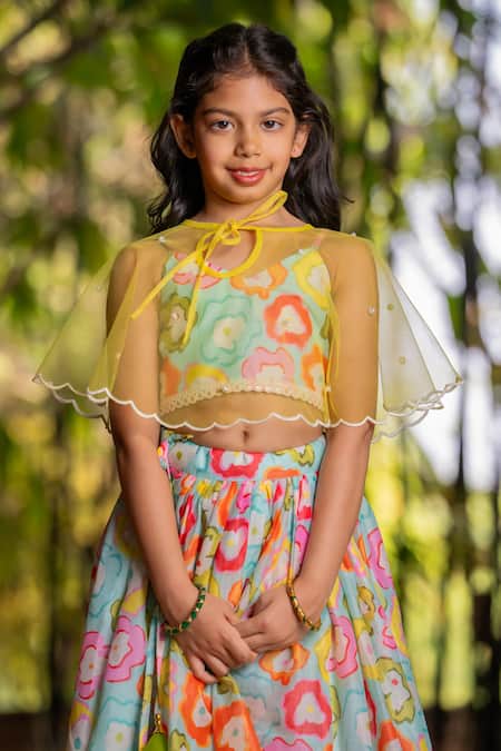 Buy_Yuvraani Jaipur_Multi Color Chanderi, Cotton, Net Multi-coloured Printed Lehenga With Cape _Online_at_Aza_Fashions