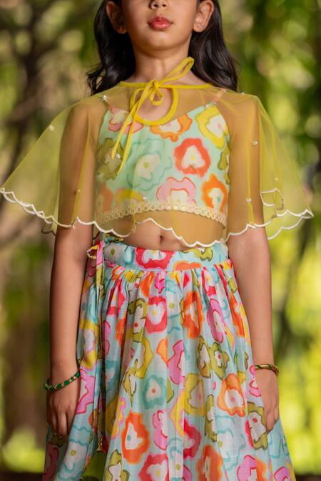 Buy_Yuvraani Jaipur_Multi Color Chanderi, Cotton, Net Multi-coloured Printed Lehenga With Cape 