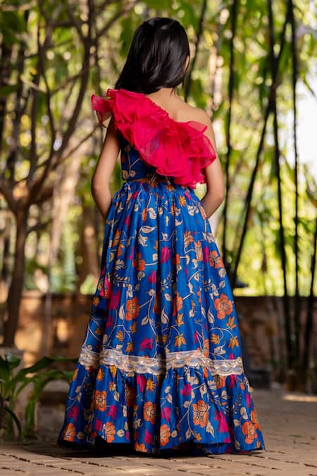 Shop_Yuvraani Jaipur_Blue Chanderi, Cotton, Net Printed Lehenga Set For Girls _at_Aza_Fashions
