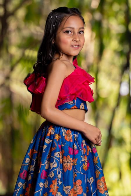 Yuvraani Jaipur_Blue Chanderi, Cotton, Net Printed Lehenga Set For Girls _Online_at_Aza_Fashions