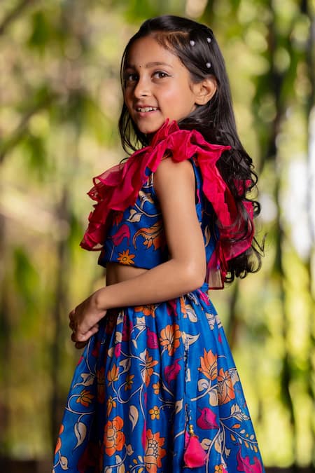 Buy_Yuvraani Jaipur_Blue Chanderi, Cotton, Net Printed Lehenga Set For Girls _Online_at_Aza_Fashions