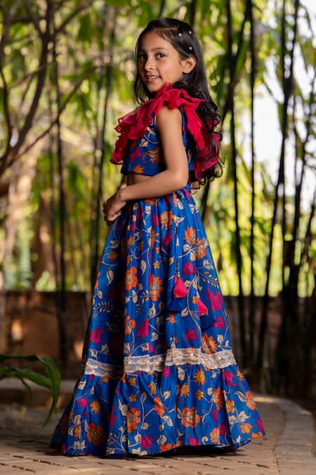 Shop_Yuvraani Jaipur_Blue Chanderi, Cotton, Net Printed Lehenga Set For Girls _Online_at_Aza_Fashions