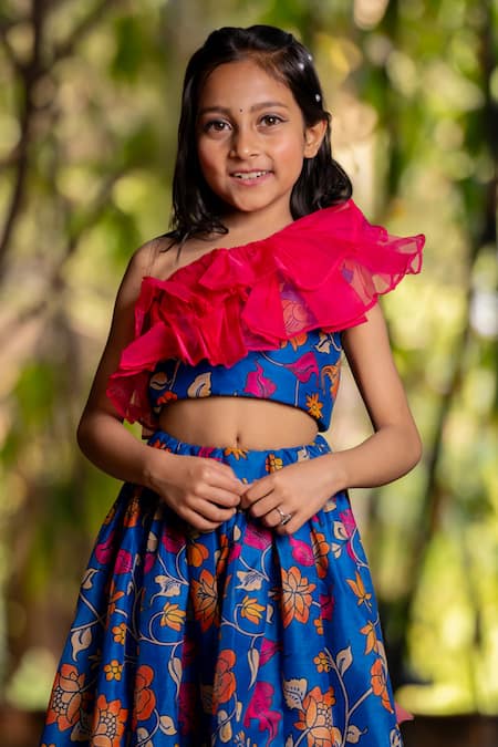 Yuvraani Jaipur_Blue Chanderi, Cotton, Net Printed Lehenga Set For Girls _at_Aza_Fashions