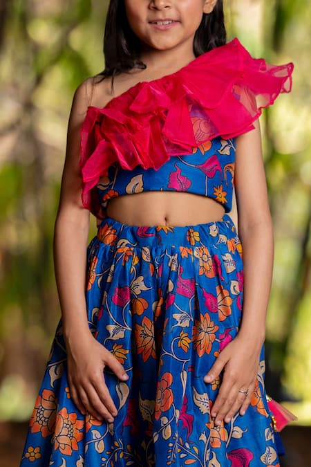 Buy_Yuvraani Jaipur_Blue Chanderi, Cotton, Net Printed Lehenga Set For Girls 