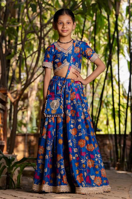 YUVRAANI JAIPUR Blue Chanderi, Cotton, Net Tassels, Embroidery Printed Lehenga Set For Girls 