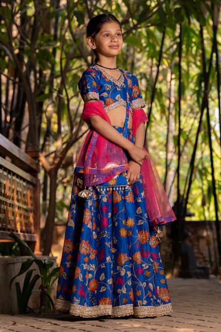 Yuvraani Jaipur Blue Printed Lehenga Set for Girls 