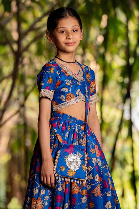 Buy_Yuvraani Jaipur_Blue Chanderi, Cotton, Net Tassels, Embroidery Printed Lehenga Set For Girls _Online_at_Aza_Fashions
