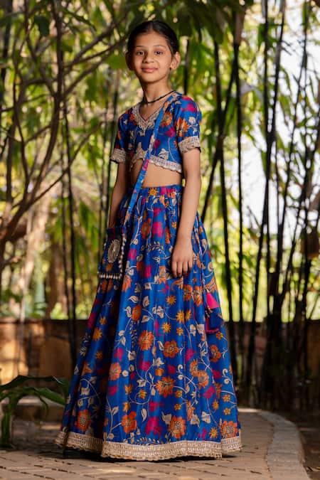 Shop_Yuvraani Jaipur_Blue Chanderi, Cotton, Net Tassels, Embroidery Printed Lehenga Set For Girls _Online_at_Aza_Fashions