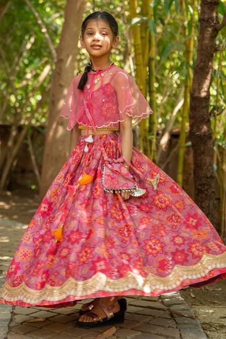 Shop_Yuvraani Jaipur_Pink Chanderi, Cotton, Net Tassels, Multi-coloured Printed Lehenga With Cape _at_Aza_Fashions