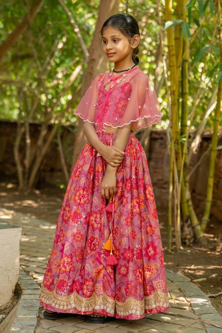 Yuvraani Jaipur_Pink Chanderi, Cotton, Net Tassels, Multi-coloured Printed Lehenga With Cape _Online_at_Aza_Fashions