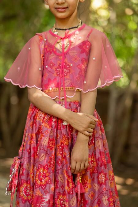Shop_Yuvraani Jaipur_Pink Chanderi, Cotton, Net Tassels, Multi-coloured Printed Lehenga With Cape _Online_at_Aza_Fashions