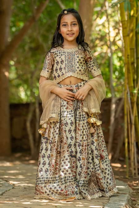 YUVRAANI JAIPUR Gray Muslin, Cotton, Net Tassels, Sequins, Embroidery Floral Printed Lehenga Set 