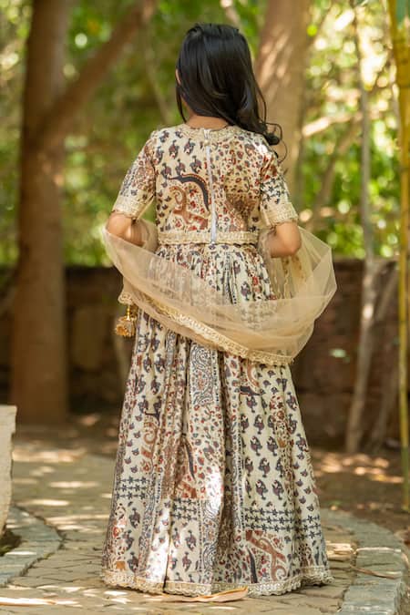 Shop_Yuvraani Jaipur_Gray Muslin, Cotton, Net Tassels, Sequins, Embroidery Floral Printed Lehenga Set _at_Aza_Fashions